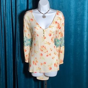 O’Neill floral peasant top ivory ,green and pink